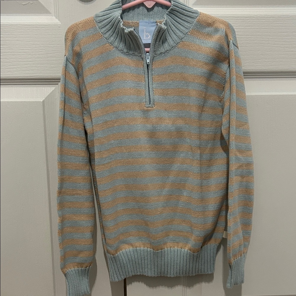 Bella Bliss, NWT, Baby Blue and Tan Striped Half Zip-Up Pullover Sweater, Size 7